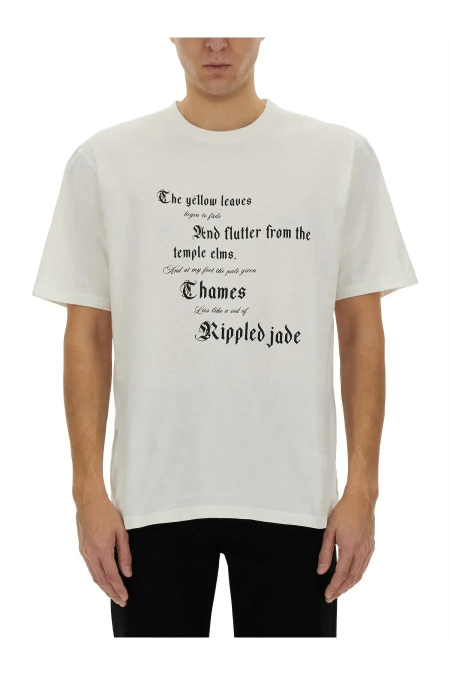 Alexander McQueen men’s white cotton t-shirt with black gothic style poem print the yellow leaves begin to fade by Ripped Jade