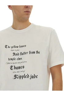 White cotton alexander mcqueen men’s t-shirt with black gothic text the yellow leaves begin to fade on front
