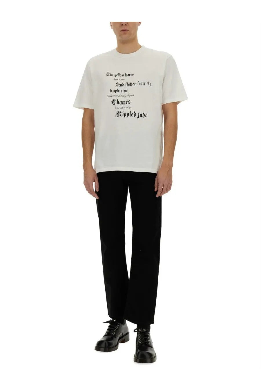 Alexander McQueen men’s off-white cotton t-shirt with black serif typography printed across the chest