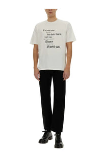 Alexander McQueen men’s off-white cotton t-shirt with black serif typography printed across the chest