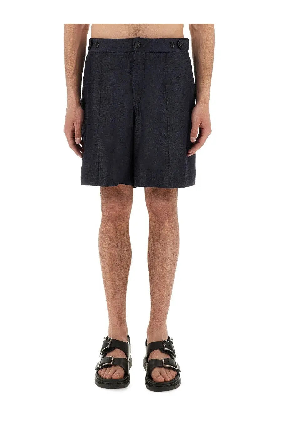 Alexander mcqueen men’s denim blue shorts with dark navy pleated fabric and buttoned waistband