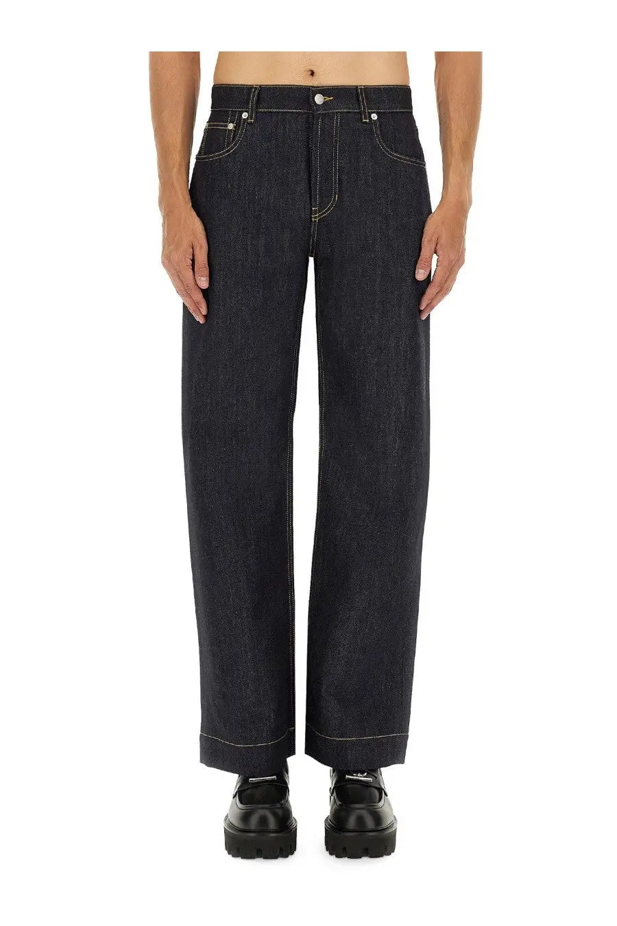 Dark-wash alexander mcqueen men’s wide leg jeans with straight-leg cut and contrasting light stitching