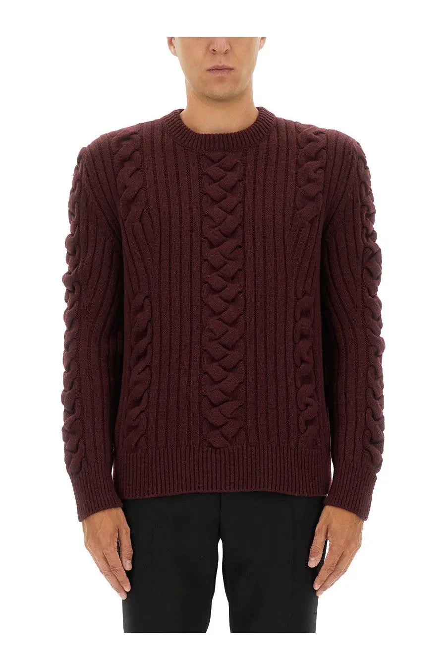 Alexander McQueen men’s red wool sweater with intricate maroon cable knit braided patterns and ribbed cuffs