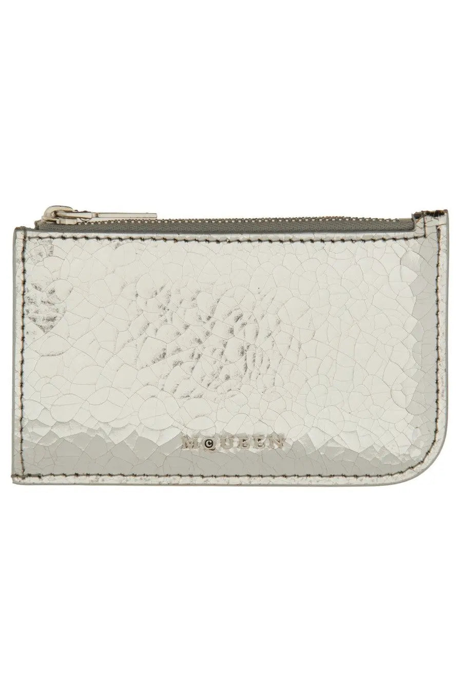 Alexander McQueen women’s silver card holder with cracked leather texture stitched edges and moussy embossed brand name