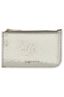 Alexander McQueen women’s silver card holder with cracked leather texture stitched edges and moussy embossed brand name