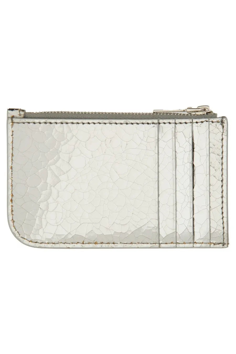 Alexander McQueen women’s card holder in silver with cracked leather texture and precise edge stitching