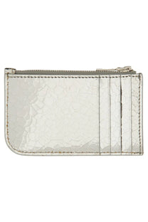 Alexander McQueen women’s card holder in silver with cracked leather texture and precise edge stitching