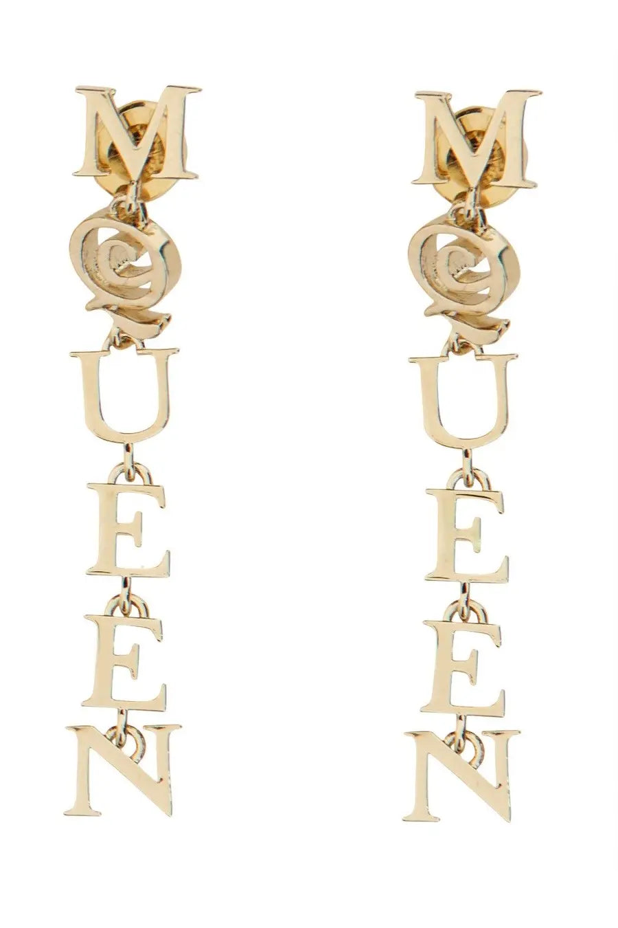 Alexander McQueen women’s gold-tone drop earrings with bold stacked mueen letters and intertwined q design
