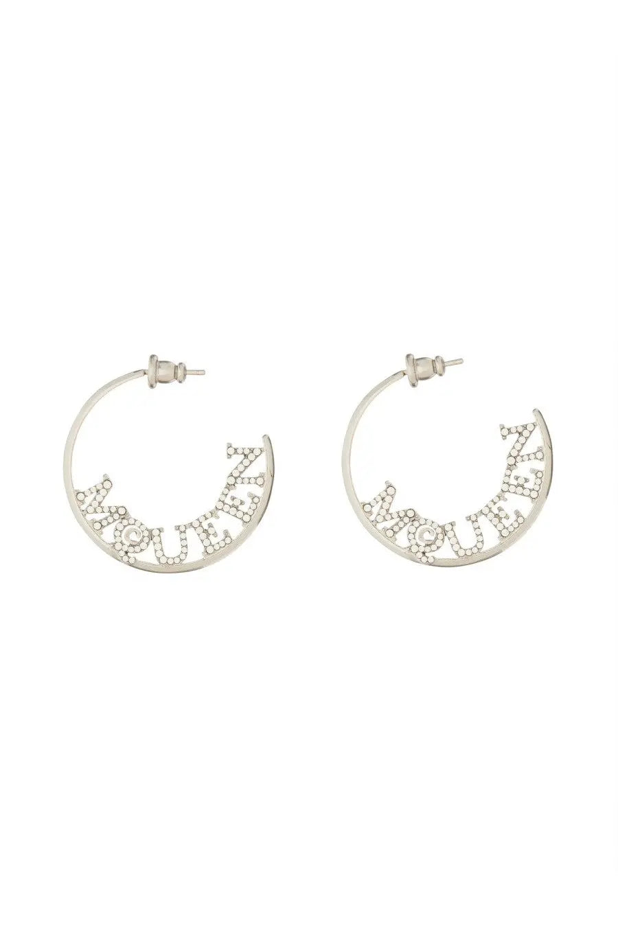 Silver hoop earrings with mqueen spelled out in sparkling rhinestones alexander mcqueen women’s silver earrings