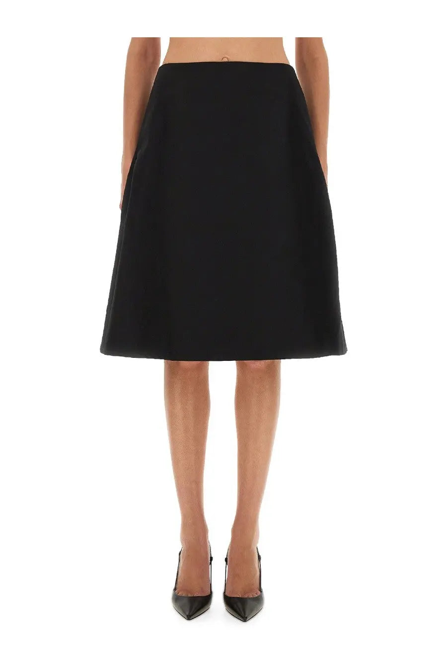 Alexander McQueen women’s black a-line midi skirt with smooth tailored fabric and clean hemline
