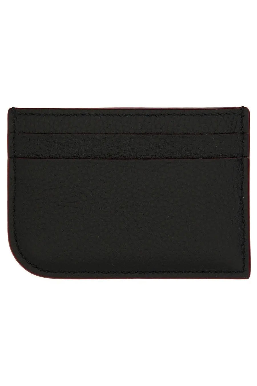 Black leather Alexander McQueen women’s card holder with burgundy stitching and rounded corners