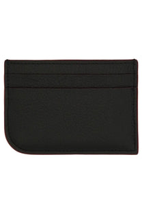 Black leather Alexander McQueen women’s card holder with burgundy stitching and rounded corners