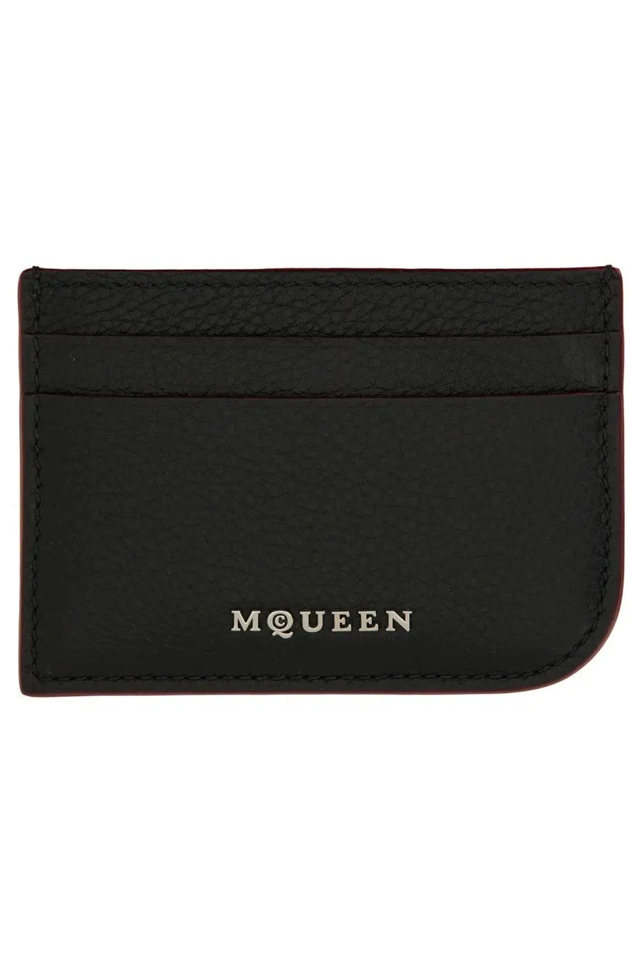 Alexander McQueen women’s black leather card holder with silver m@queen logo embossed at the bottom