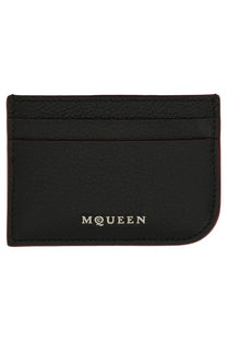 Alexander McQueen women’s black leather card holder with silver m@queen logo embossed at the bottom