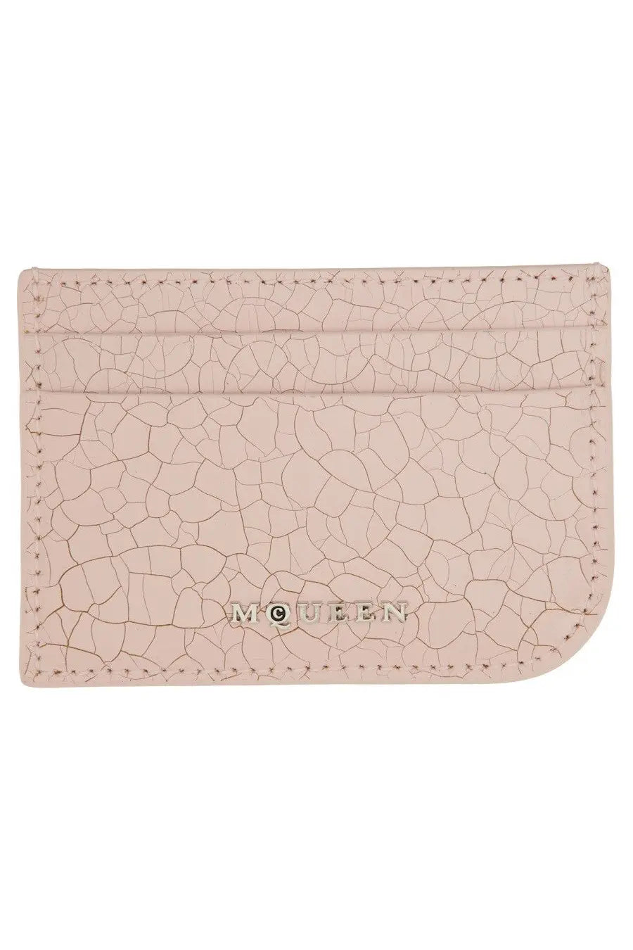 Alexander McQueen women’s leather card holder in pale pink cracked texture with silver-tone McQueen branding