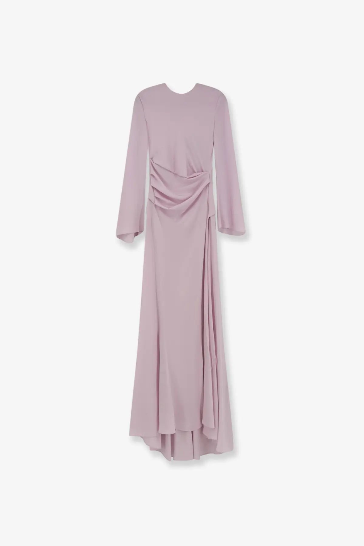 Alexander McQueen women’s long soft lavender gown with long sleeves draped front and asymmetrical hemline