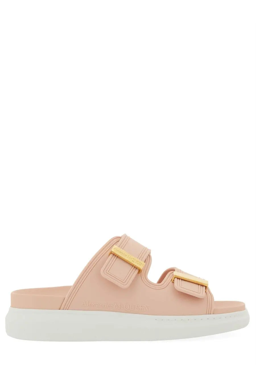 Pink leather slide sandals with gold-tone buckle straps and white platform sole from Alexander McQueen womens oversize hybrid sandal blue