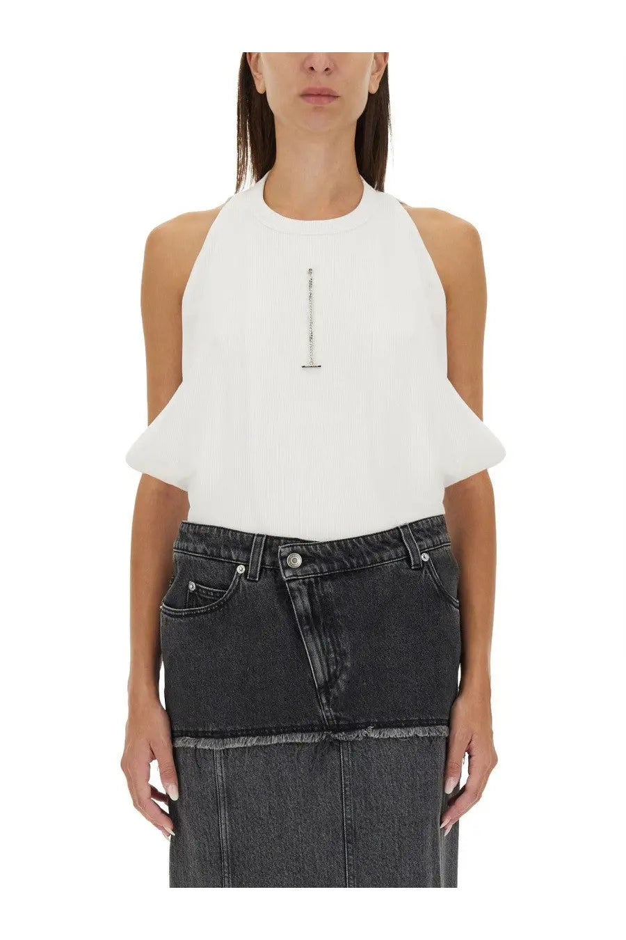 White ribbed Alexander McQueen halter neck tank top with ruffled sleeves and vertical zipper detail