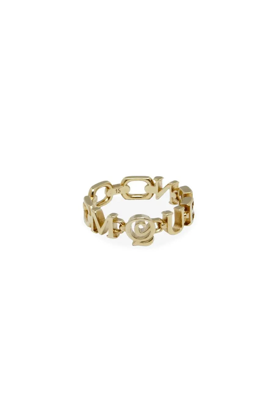 Gold-toned Alexander McQueen women’s Mcqueen ring featuring bold interlocking letter design with raised Moschino font