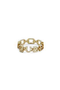 Gold-toned chain-link Alexander McQueen women’s McQueen ring with bold raised queen lettering in uppercase font