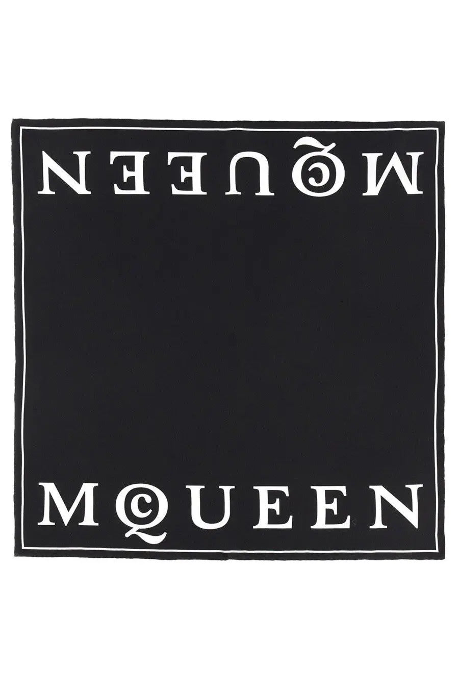 Alexander McQueen women’s black silk scarf with bold white McQueen lettering on top and bottom edges
