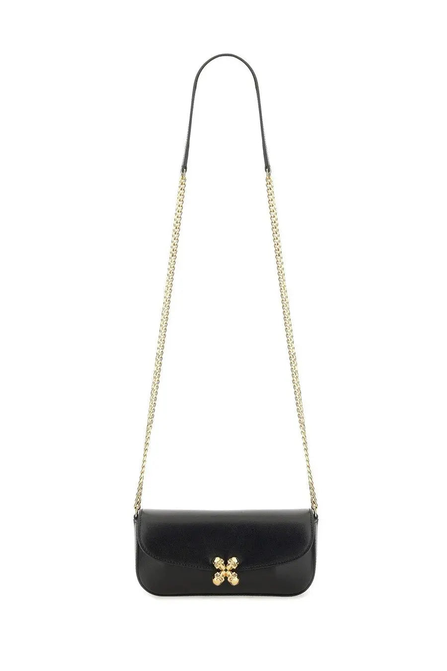 Alexander McQueen women’s small black leather crossbody bag with gold-tone chain strap and four-leaf clover clasp