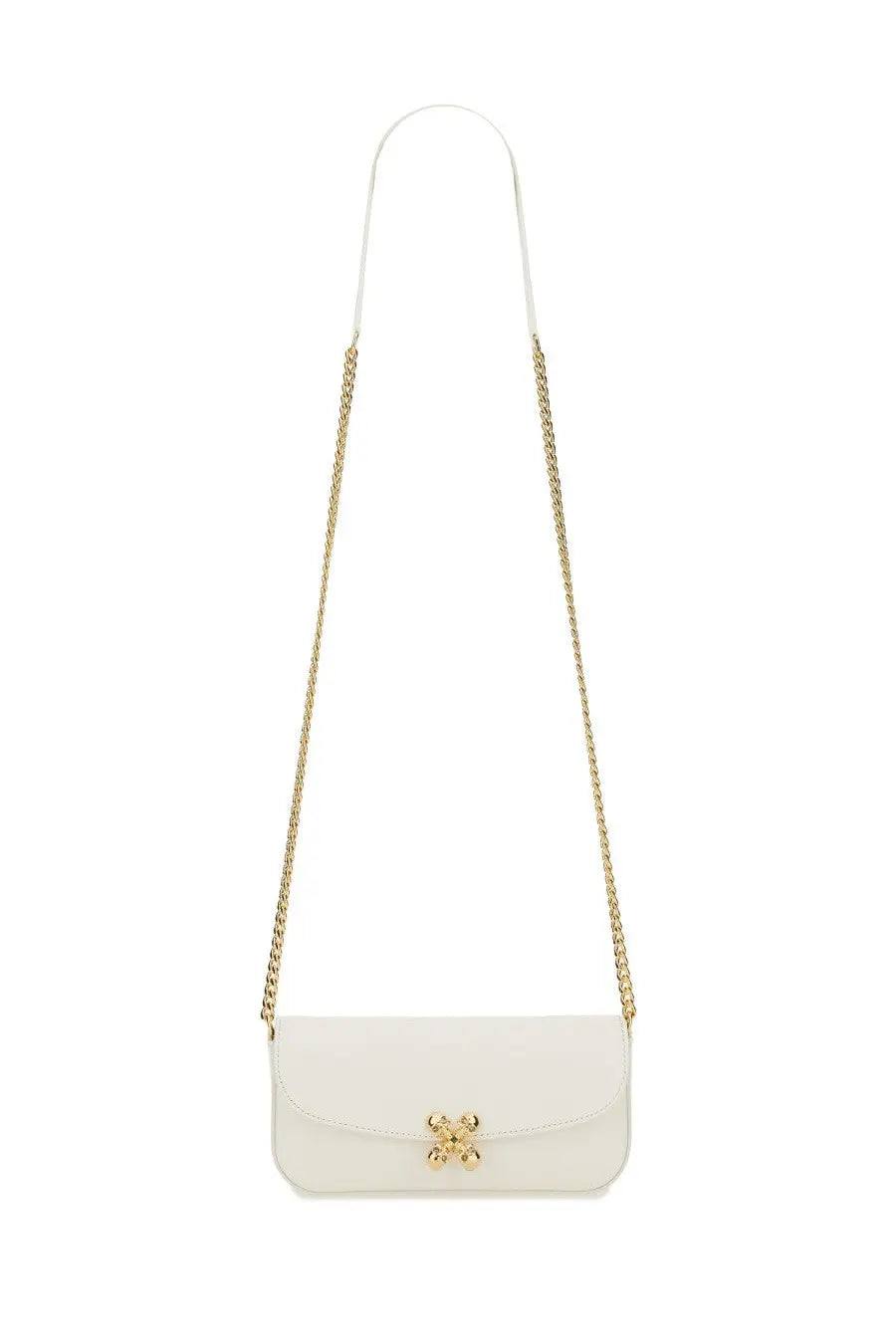 Alexander McQueen women’s small white leather crossbody bag with gold-tone chain strap and decorative clasp