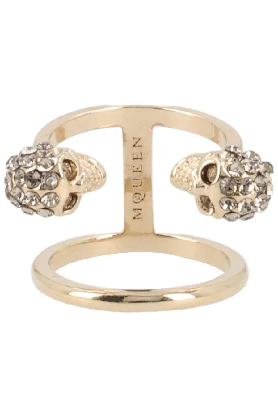 Gold-toned Alexander McQueen women’s skull ring with two crystal-adorned skull motifs and branded inner band