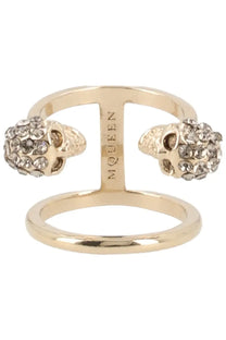 Gold-toned Alexander McQueen women’s skull ring with two crystal-adorned skull motifs and branded inner band