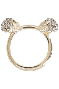Gold-toned Alexander McQueen women’s skull ring with two crystal-adorned skull charms in silver-tone metal