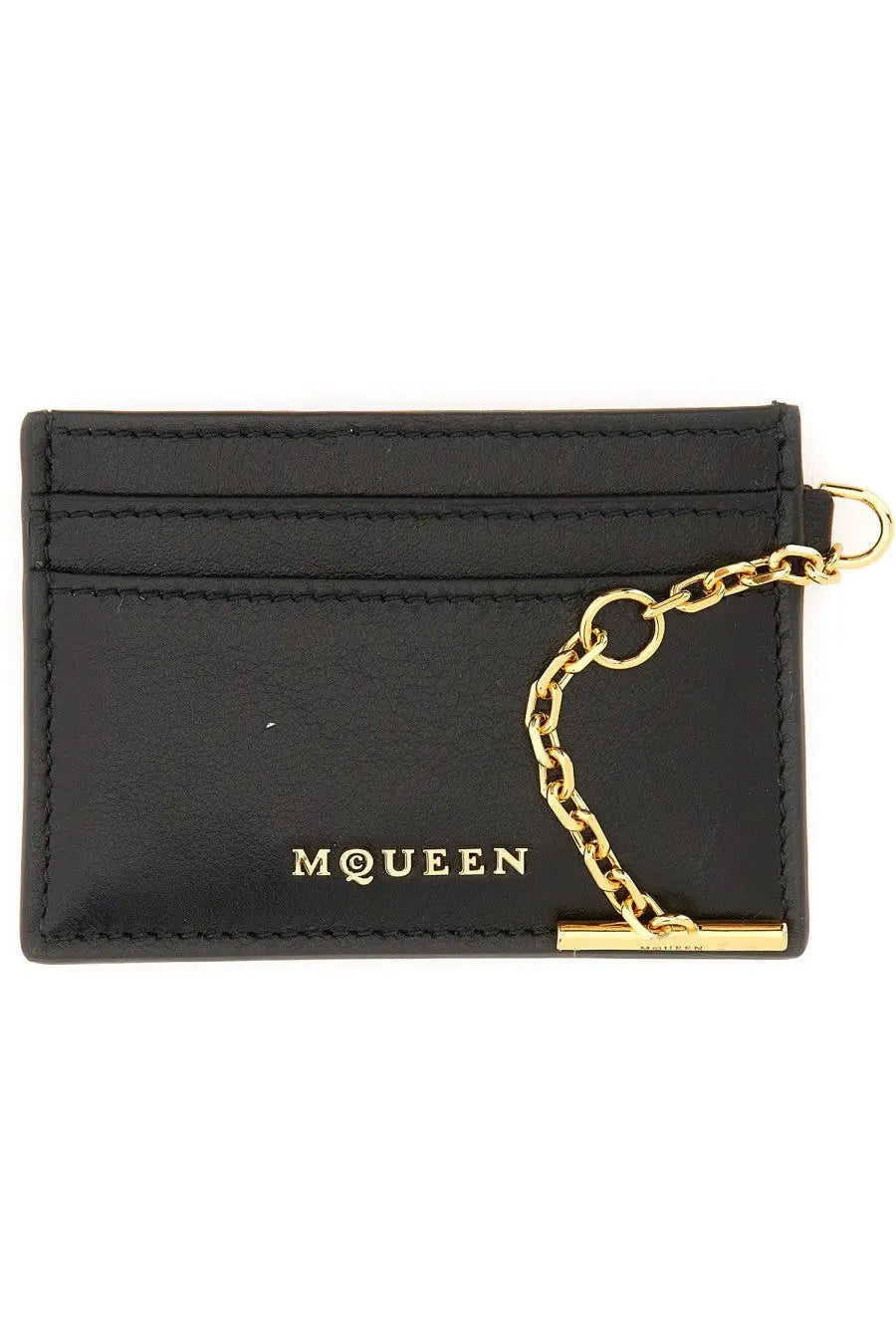 Black leather Alexander McQueen women’s sling card holder with gold-tone chain and mcqueen branding