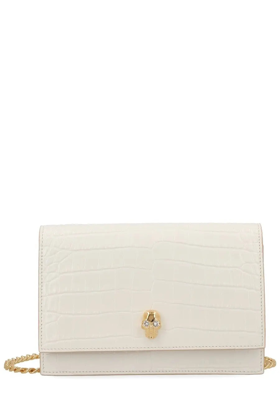 Alexander mcqueen womens small white crocodile-embossed leather clutch with gold-tone skull clasp and chain strap