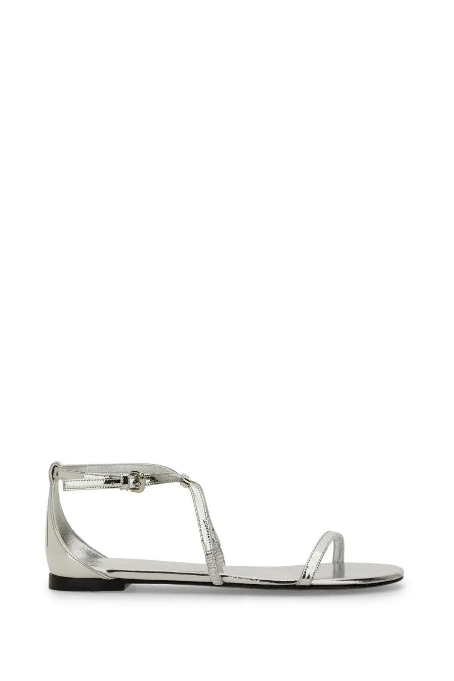 Alexander McQueen women’s strappy sandal silver metallic flat with minimalist design and black rubber sole