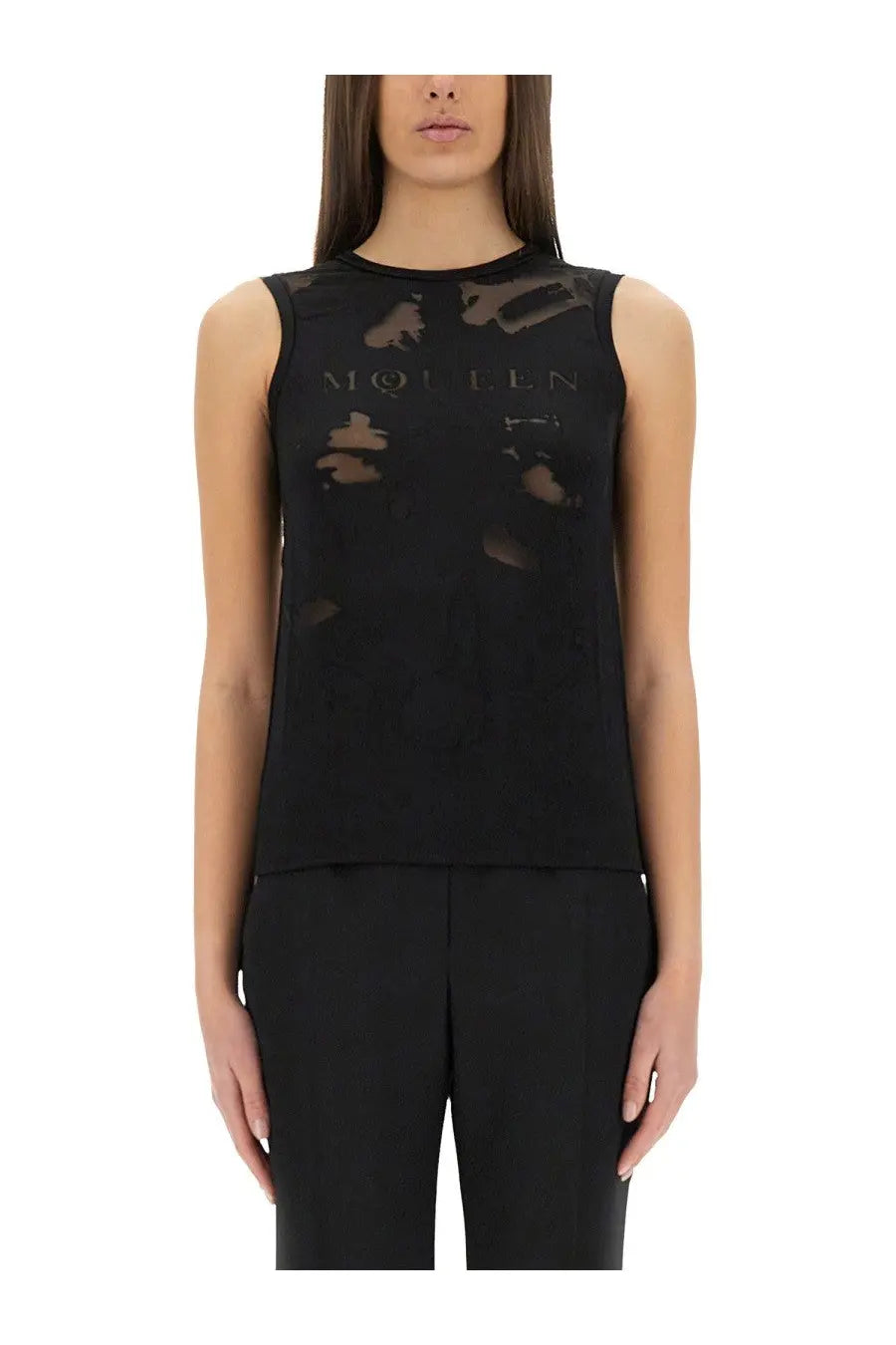 Alexander mcqueen women’s black sleeveless top with sheer distressed fabric and mollen print across the chest