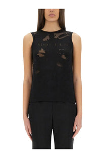 Alexander mcqueen women’s black sleeveless top with sheer distressed fabric and mollen print across the chest
