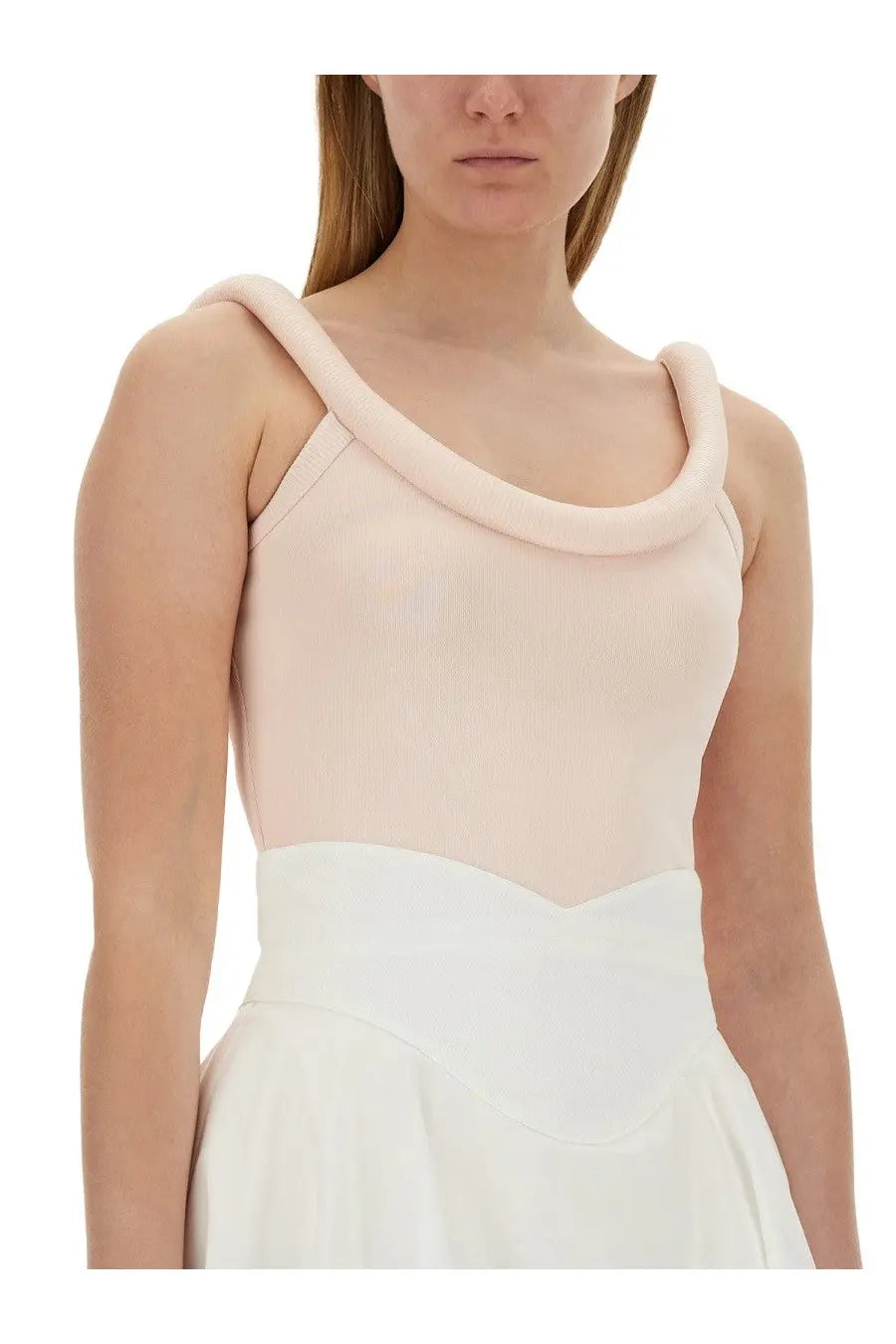 Alexander McQueen women’s blush pink sleeveless top with thick rounded shoulder straps and white waistband