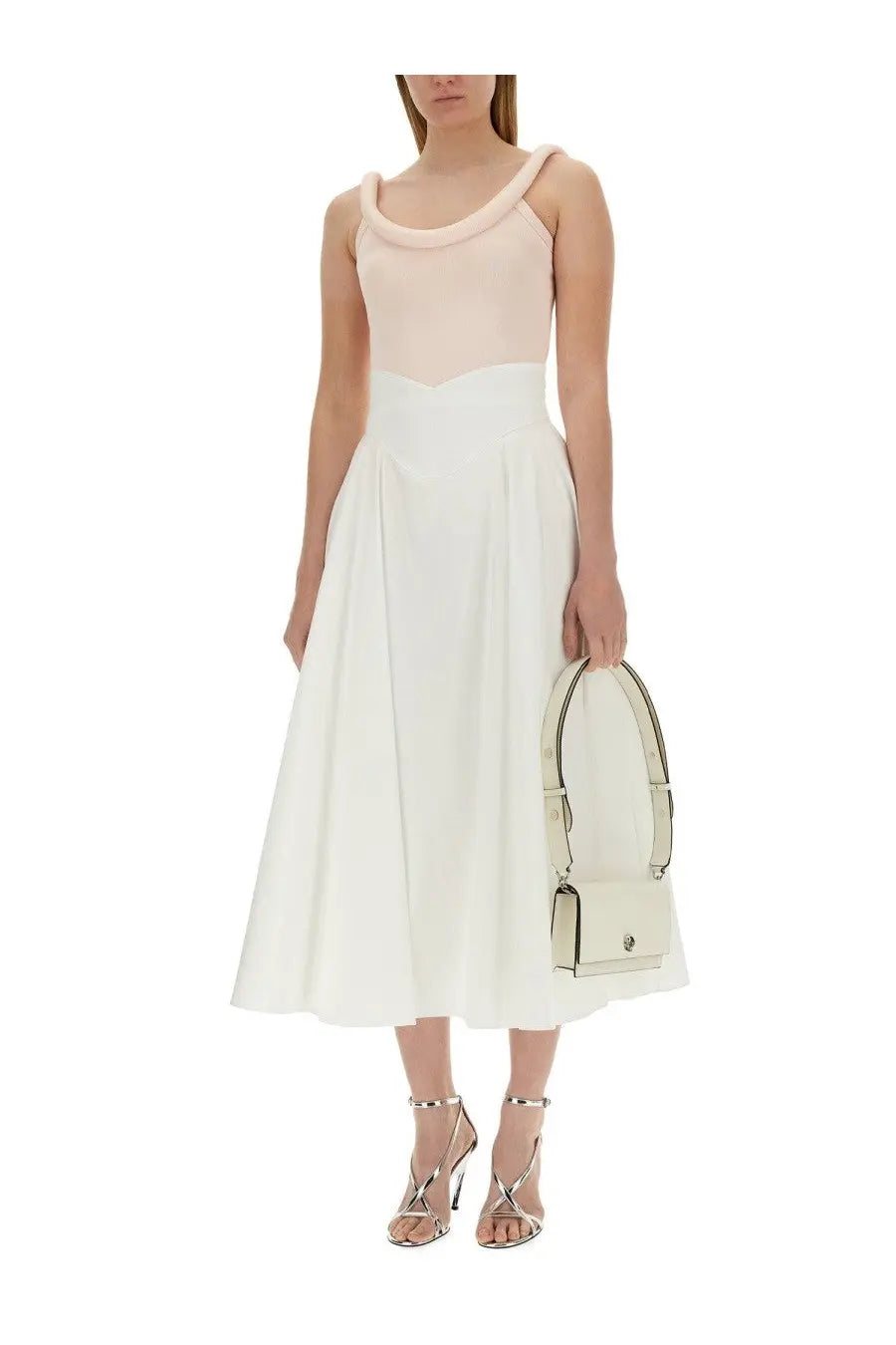 White leather mini handbag with silver hardware and circular logo front designed with alexander mcqueen womens tops blue