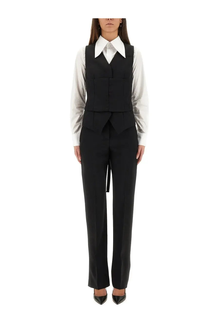 Alexander mcqueen womens black tailored waistcoat with notched collar and front flap pockets over white shirt