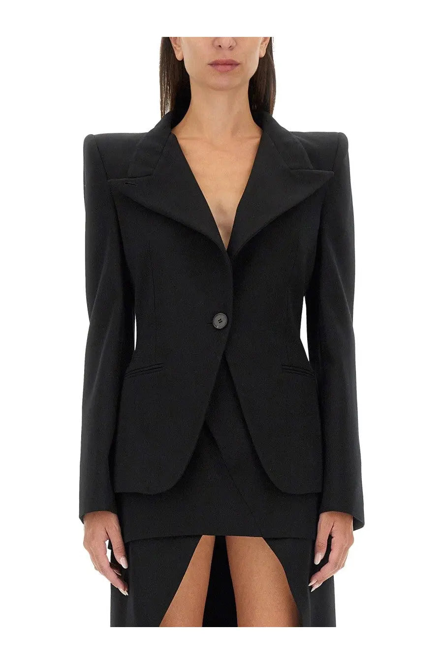 Alexander McQueen women’s black wool blazer with bold shoulder pads and single button closure