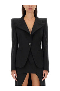Alexander McQueen women’s black wool blazer with bold shoulder pads and single button closure