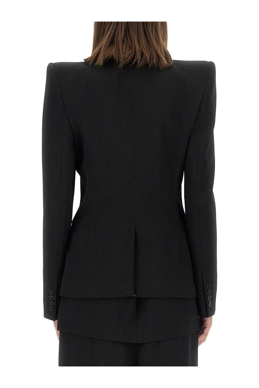 Alexander McQueen women’s black wool jacket with structured shoulders and a sleek modern silhouette