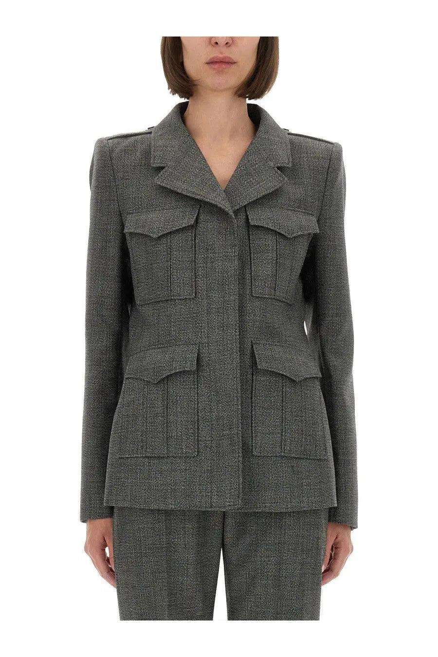 Alexander McQueen women’s charcoal-gray wool jacket with structured tweed fabric, notched collar, and four flap pockets