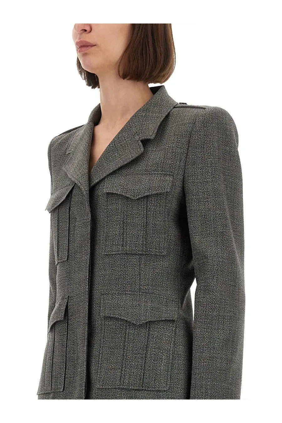 Alexander McQueen women’s grey wool jacket with structured tweed design notched collar and flap pockets