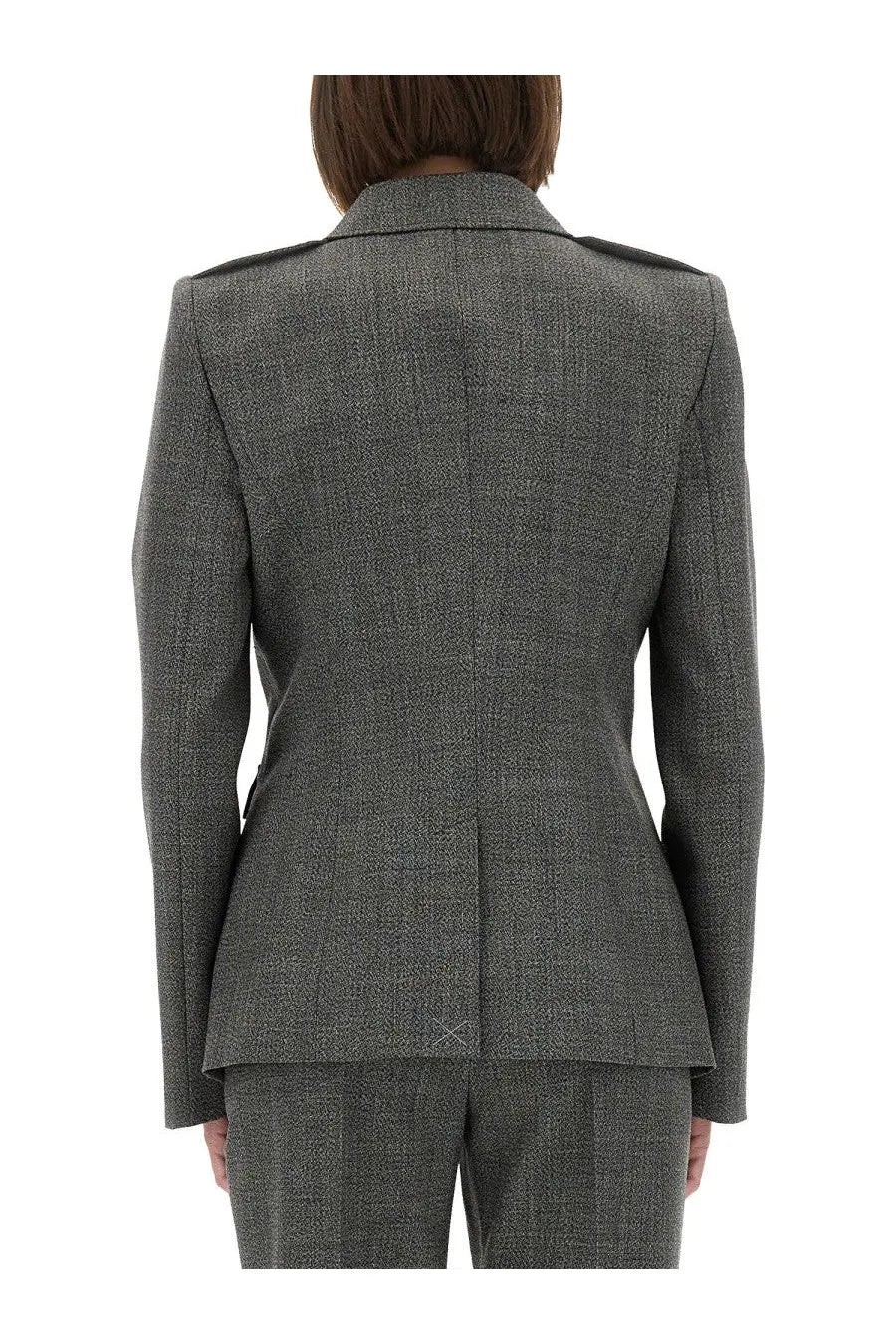 Alexander McQueen women’s grey wool jacket with tailored fit, structured shoulders, and subtle textured tweed weave