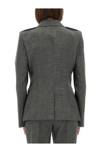 Alexander McQueen women’s grey wool jacket with tailored fit, structured shoulders, and subtle textured tweed weave