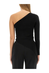 Alexanderwang women’s black one-shoulder long-sleeved top with sleek asymmetrical design in soft fabric