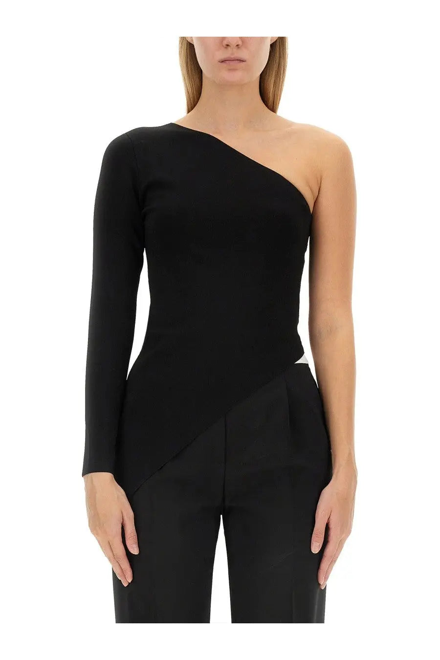 Alexanderwang women’s black asymmetrical one-shoulder long-sleeved top with sleek design in soft fabric
