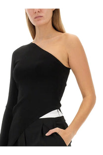 Alexanderwang women’s asymmetrical black top with one-shoulder design and bold white waist contrast panel