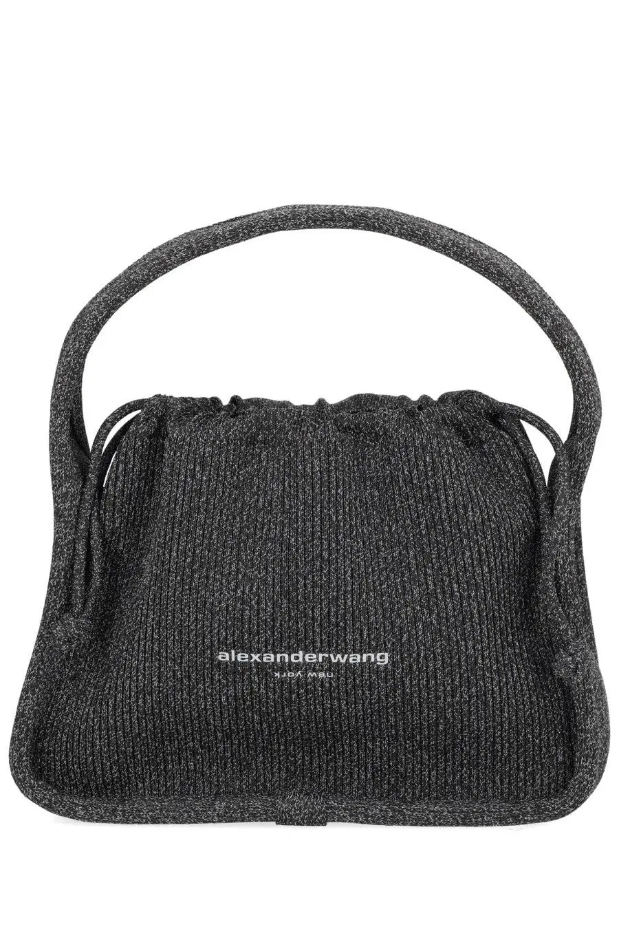 Alexanderwang women’s bag ryan small black ribbed knit handbag with drawstring closure and white logo embroidery