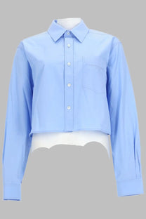 Light blue cropped long-sleeve button-up shirt with classic collar and front pocket by alexanderwang womens camicia crop con blue